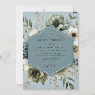 Slate Blue Muted Floral Wedding Invitation