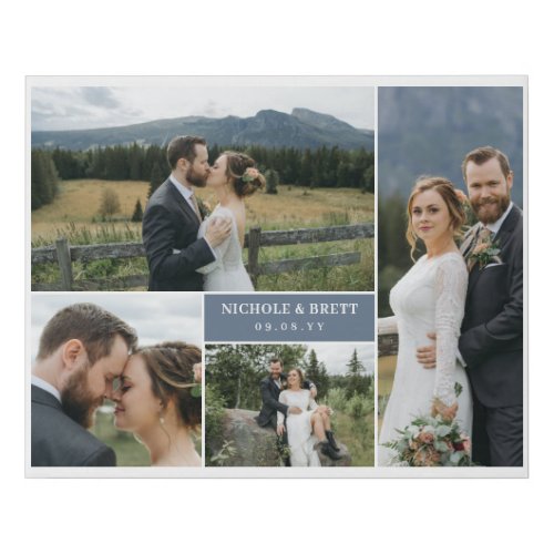 Slate Blue Names  Date Wedding Photo Collage Faux Canvas Print