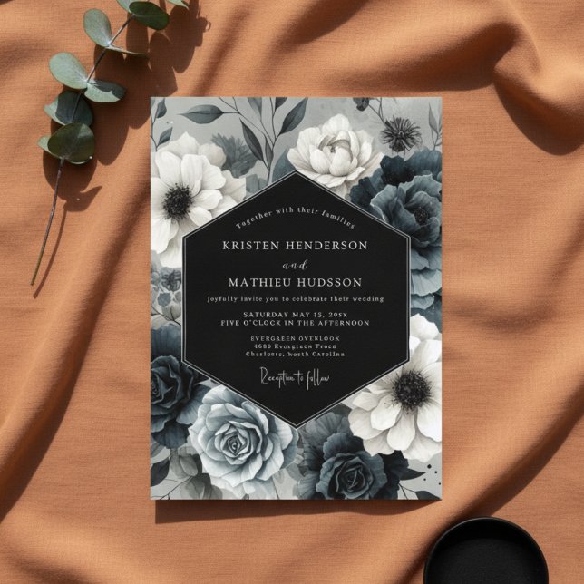 Slate Blue Nocturnal Bloom Wedding Invitation (Creator Uploaded)