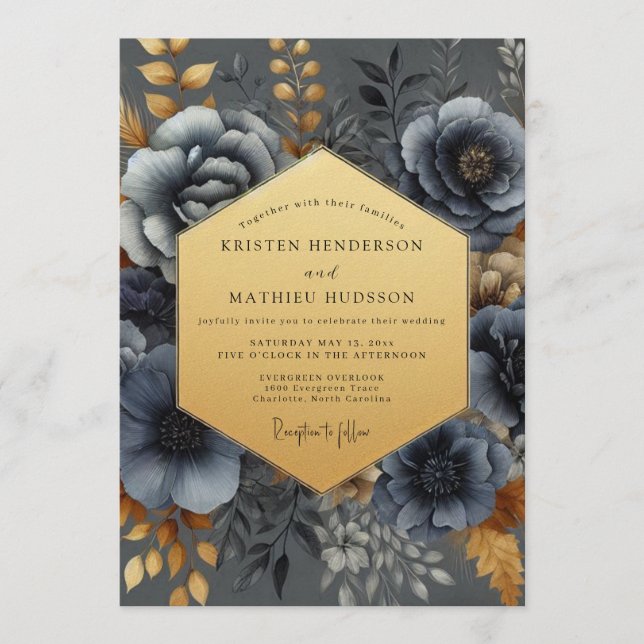 Slate Blue Nocturne Bloom Wedding Invitation (Front)