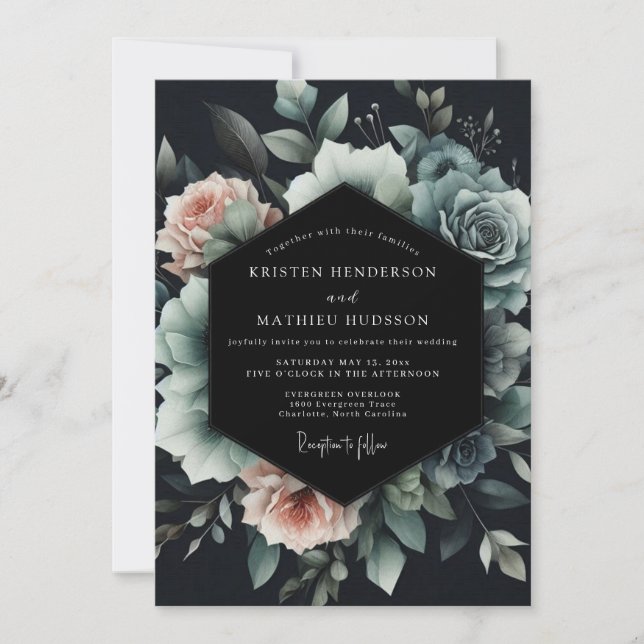 Slate Blue Noir Bloom Wedding Invitation (Front)