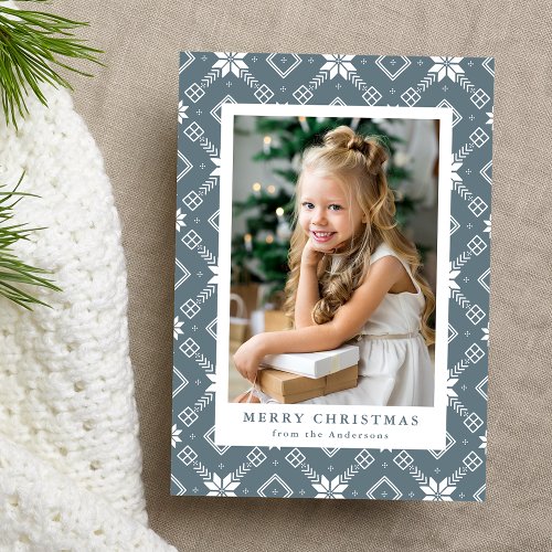 Slate Blue Nordic Snowflake Pattern Photo Holiday Card