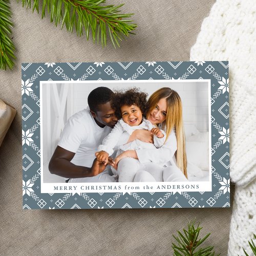 Slate Blue Nordic Snowflake Pattern Photo Holiday Card