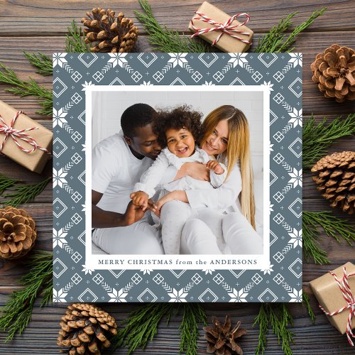 Slate Blue Nordic Snowflake Pattern Photo Holiday Card