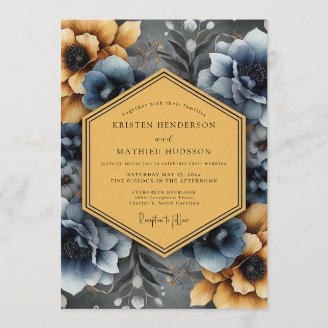 Slate Blue Ochre Bloom Wedding Invitation (Front)