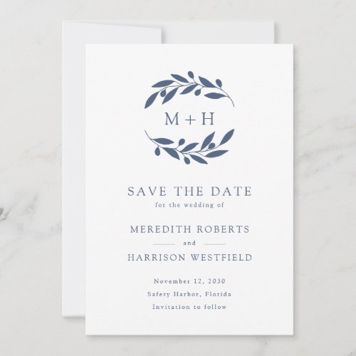 Slate Blue Olive Branch Monogram Wreath Wedding Save The Date