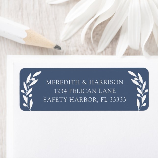 Slate Blue Olive Branch Wedding Return Address Label (Insitu)