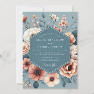 Slate Blue Painterly Bloom Wedding Invitation
