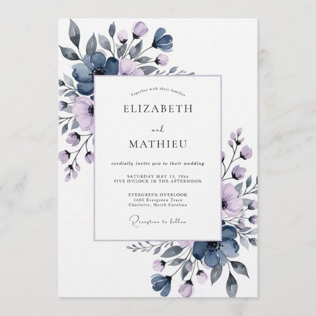 Slate Blue Painterly Flora Wedding Invitation (Front)