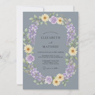 Slate Blue Pale Yellow Floral Wedding Invitation
