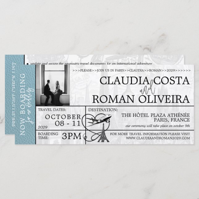 Slate Blue Paris Wedding Boarding Pass Invitation (Front/Back)