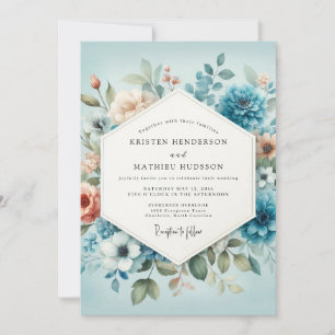 Slate Blue Peach Aquarelle Wedding Invitation