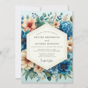 Slate Blue Peach Artful Bloom Wedding Invitation