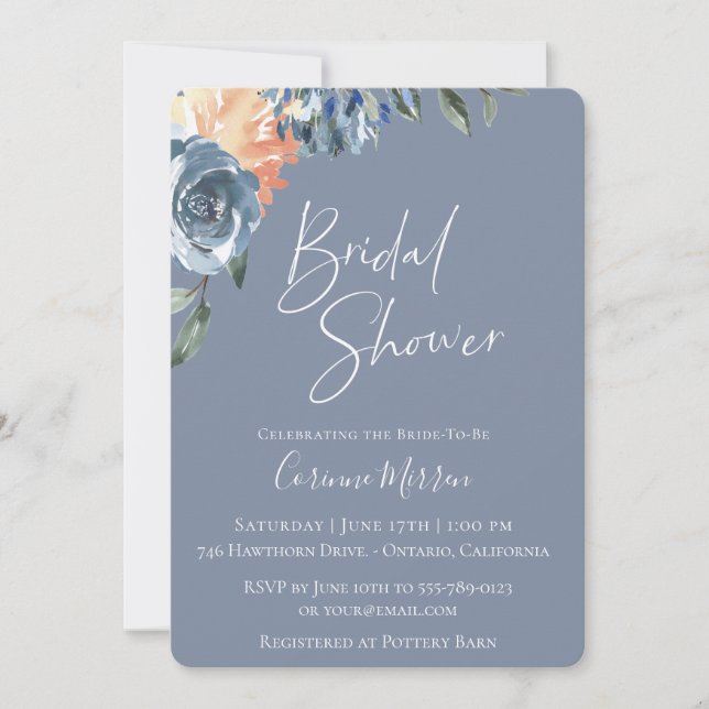 Slate Blue Peach Botanical Bridal Shower Invitation (Front)