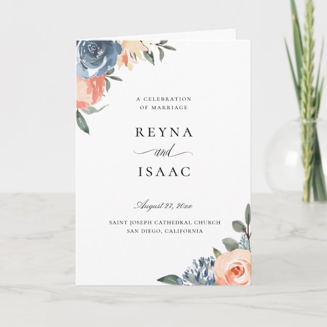 Slate Blue Peach Botanical Floral Wedding Program (Front)
