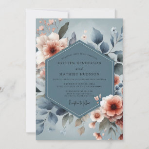 Slate Blue Peach Dreamy Wedding Invitation