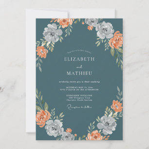 Slate Blue Peach Watercolor Floral Wedding Invitation