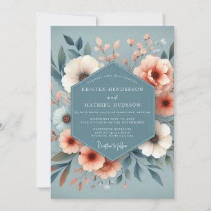 Slate Blue Peachy Flora Wedding Invitation