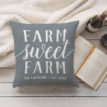 Slate Blue Personalized Farm Sweet Farm Throw Pillow<br><div class="desc">A charming and rustic addition to your farmhouse style home,  this light slate blue pillow features "farm sweet farm" in white lettering with your family name and year established beneath. A rooster illustration appears on the reverse side.</div>
