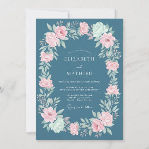 Slate Blue Pink Floral Wedding Invitation