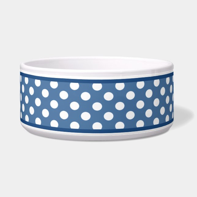 Slate Blue Polka Dot Pattern Ceramic Dog Bowl (Front)