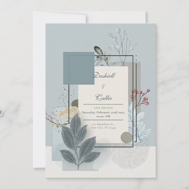 Slate Blue Red Berry Geometric Botanical Wedding Invitation (Front)