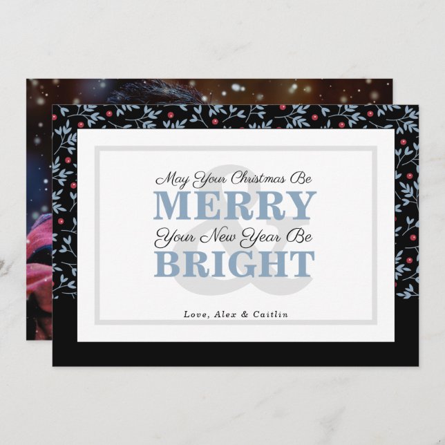 Slate Blue & Red Holiday Greenery Photo Card (Front/Back)