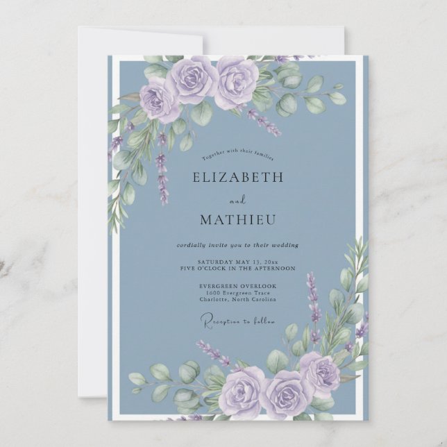 Slate Blue Refined Botanical Wedding Invitation (Front)