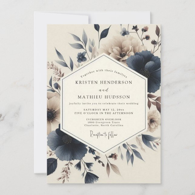 Slate Blue Romantic Bloom Wedding Invitation (Front)