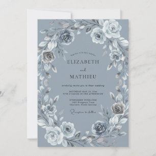 Slate Blue Romantic Botanical Wedding Invitation