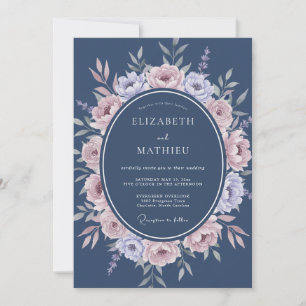 Slate Blue Romantic Floral Flourish Wedding Invitation