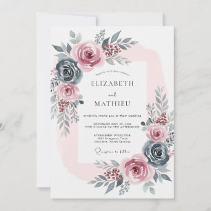 Slate Blue Romantic Rose Wedding Invitation