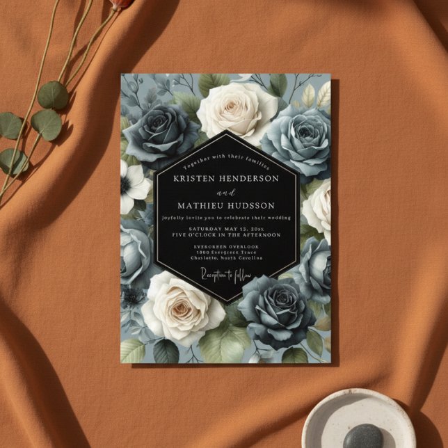 Slate Blue Rose Bloom Wedding Invitation (Creator Uploaded)