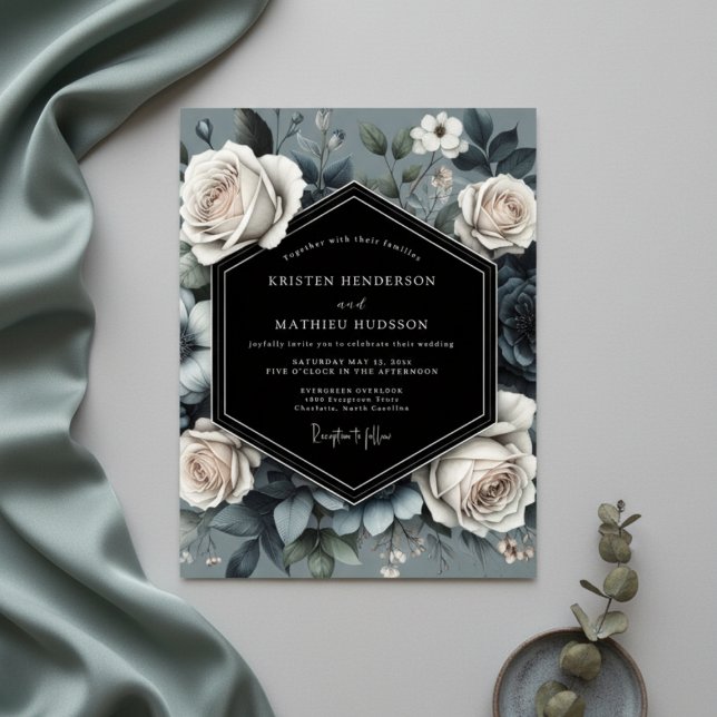 Slate Blue Rose Opulence Wedding Invitation (Creator Uploaded)