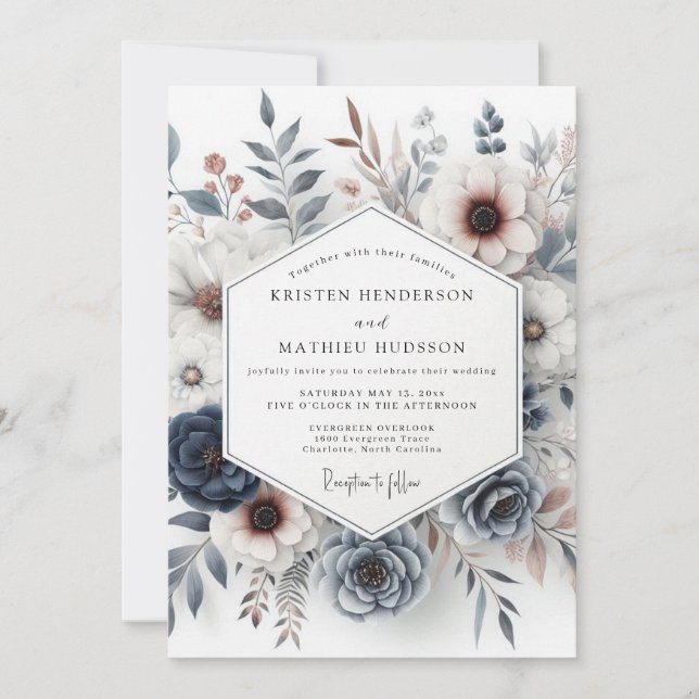 Slate Blue & Rust Moody Floral Wedding Invitation (Front)