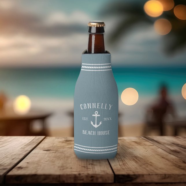 Slate Blue Rustic Anchor Personalized Beach House Bottle Cooler (Creator Uploaded)