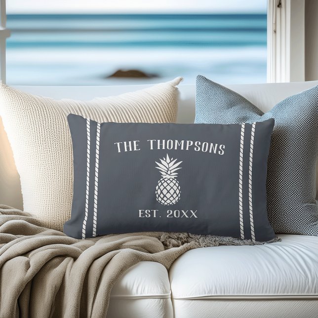 Slate Blue Rustic Pineapple Personalized Lumbar Pillow (Creator Uploaded)