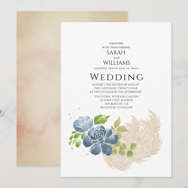Slate Blue Sage Green  Rustic Watercolor Floral  Invitation (Front/Back)