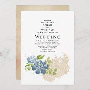 Slate Blue Sage Green  Rustic Watercolor Floral  Invitation