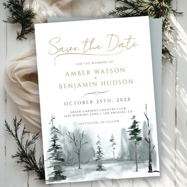 Slate Blue Save The Date WINTER PineForest Minimal Invitation (Creator Uploaded)
