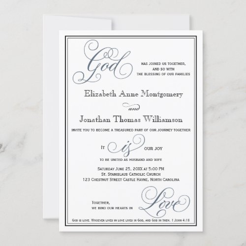 Slate Blue Script God is Love Christian Wedding Invitation