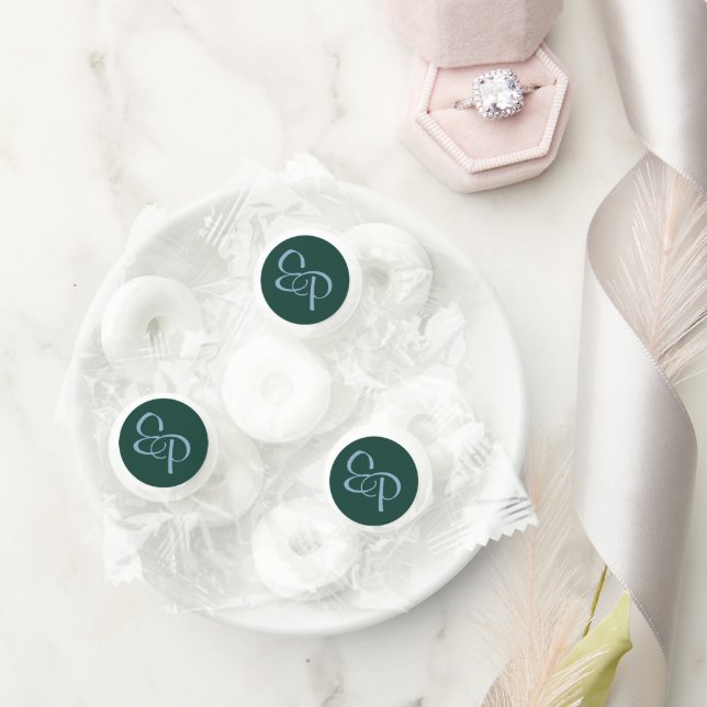 Slate Blue Script Monogram on Forest Green Life Saver® Mints (Wedding)