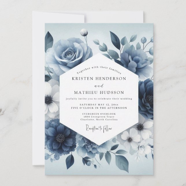 Slate Blue Serene Bloom Wedding Invitation (Front)