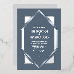 Slate Blue & Silver Gatsby Art Deco Wedding Foil Invitation