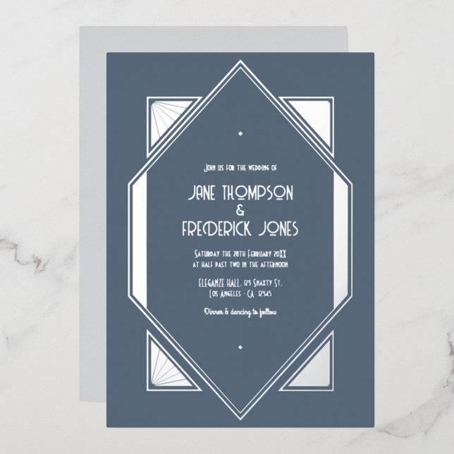 Slate Blue & Silver Gatsby Art Deco Wedding Foil Invitation (Front/Back)