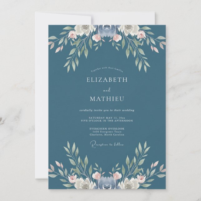 Slate Blue Soft Floral Wedding Invitation (Front)