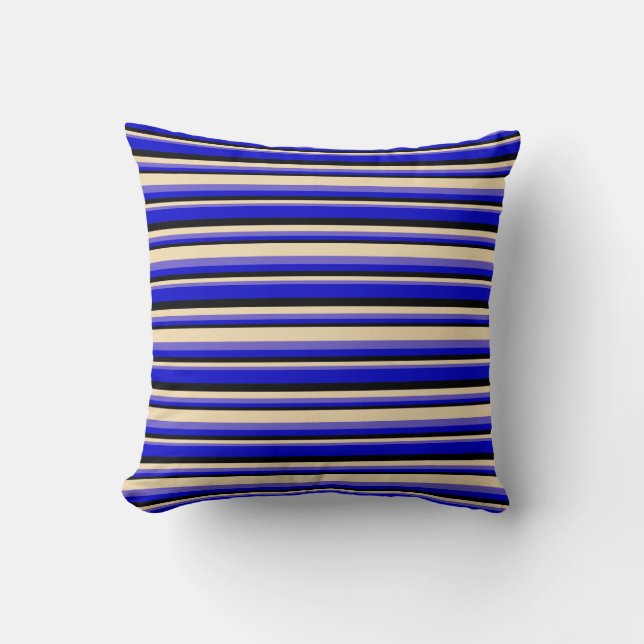 Slate Blue, Tan, Black, and Blue Stripes Pattern Throw Pillow (Front)