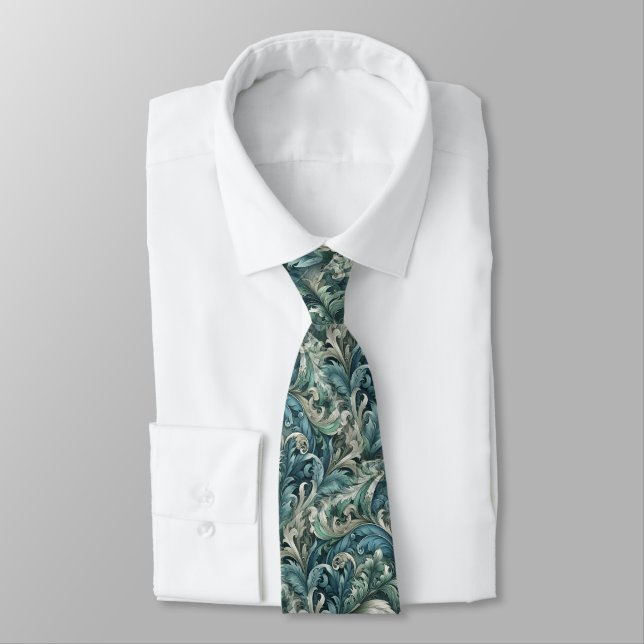 Slate Blue Teal Green Grey Paisley Art Pattern Neck Tie (Tied)