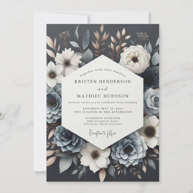 Slate Blue Twilight Bloom Wedding Invitation (Front)