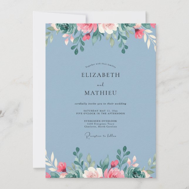 Slate Blue Verdant Bloom Wedding Invitation (Front)